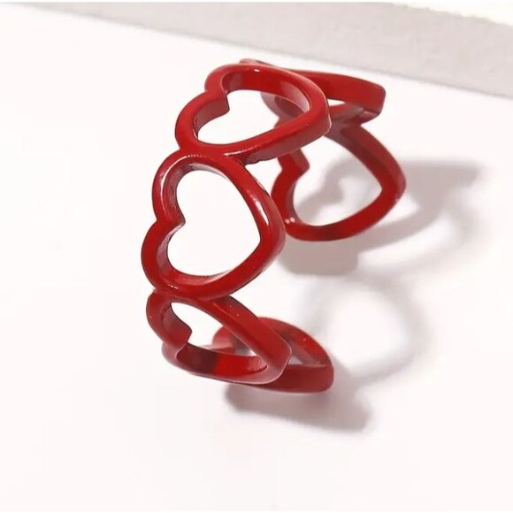 Red Enamel Open Heart Ring Adjustable Love Hearts - Picture 1 of 7